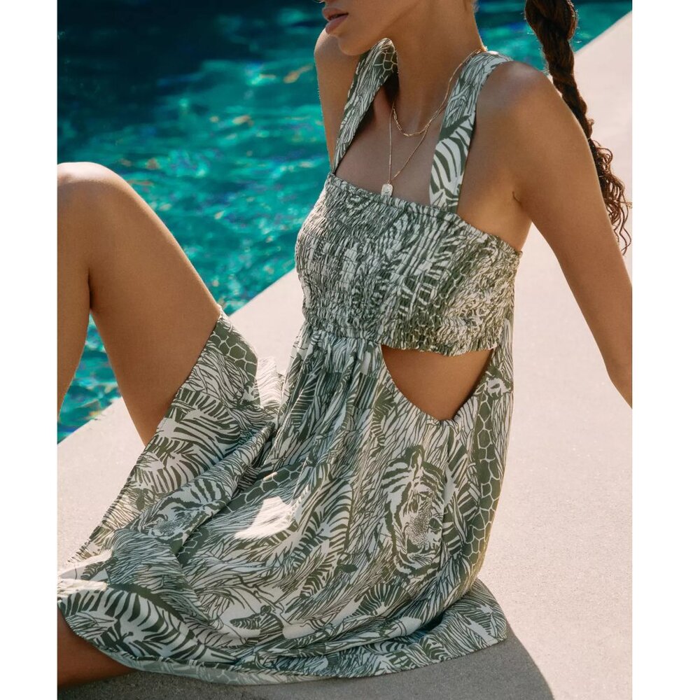 By Anthropologie Piper Square-Neck Smocked Cut-Out Mini Dress Moss Green Bandeau - Picture 2 of 10